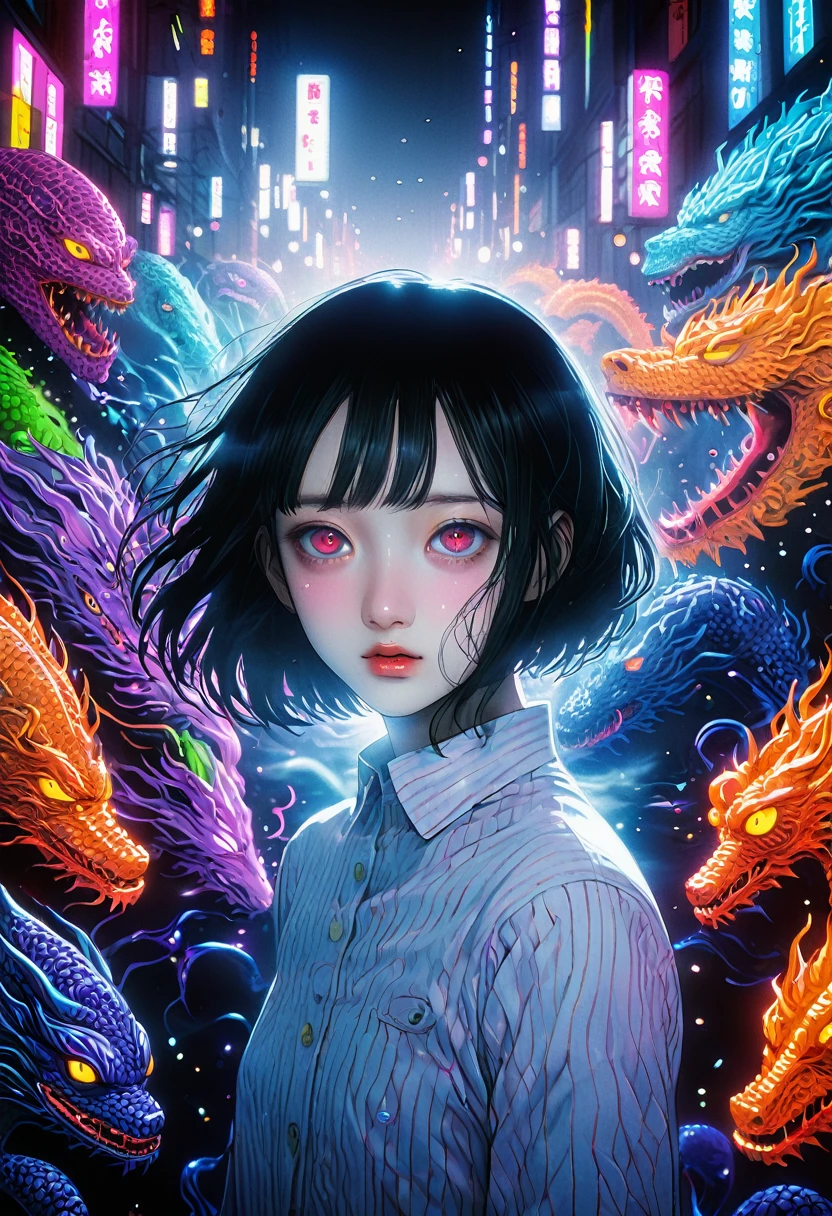 surreal horror, anime style, directed by Junji Ito, high contrast, vivid colors, eerie atmosphere, psychological tension, intricate line work, nightmarish creatures