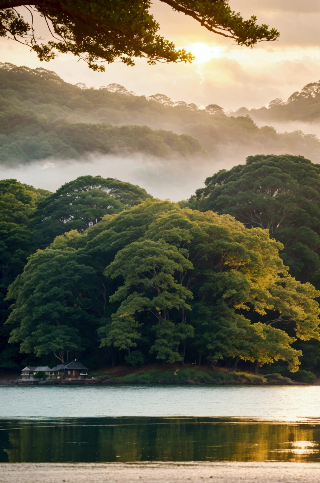 Serenity at Golden Hour: A tranquil scene unfolds at dusk, with a majestic forest stretching into the distance, its emerald green canopies blending with golden hues as they capture the warm light of the setting sun. In the foreground, the choppy sea reflects the splendor of the cloudy, stormy sky, its deep blue waters rippling harshly in the breeze. Delightful minimalist homes flank the lake shore, adding an air of elegance and charm to the landscape. The golden hour sky becomes tense in warm pastel hues, emphasizing the beauty of the surroundings. Additional details include mist and extreme cold, a couple running, the water surface rippling with strong waves with a drizzle and a paved path leading to houses, inviting you to explore this idyllic scene, DSRL camera, 50mm or 85mm lens with f/1.4 or f/2.8 aperture, ISO 100-400