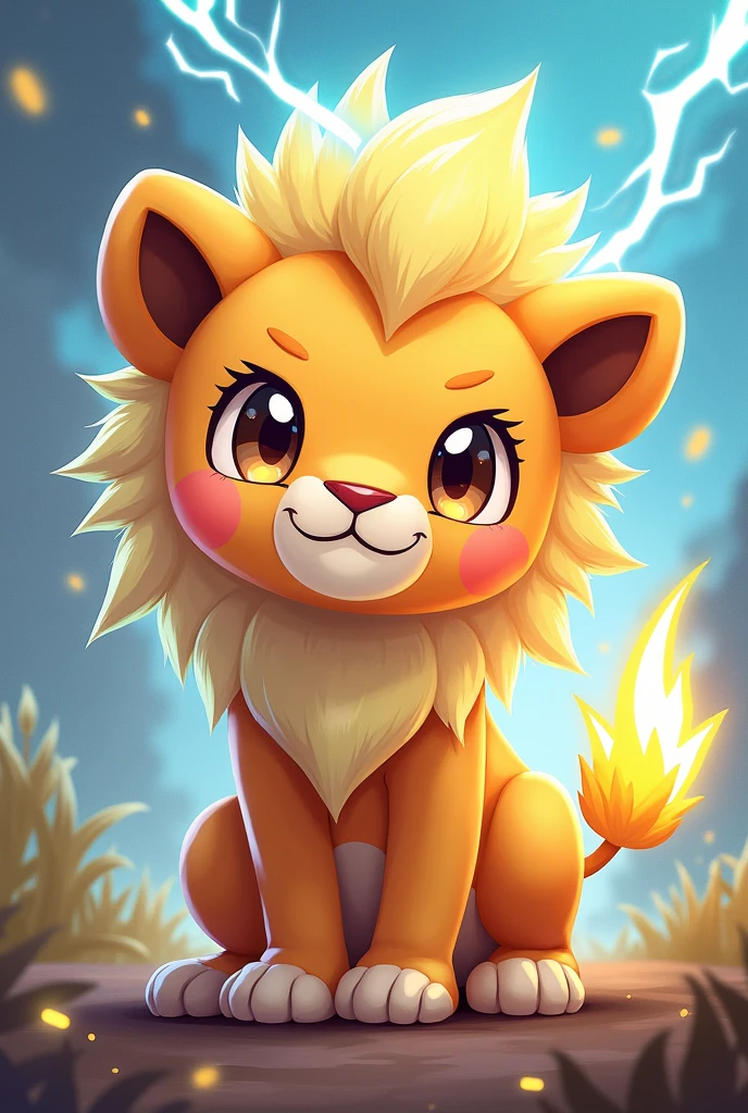 A baby lion in pokemon style covered in electric lightning with its small electrified mane and a small lightning bolt on the tip of its tail