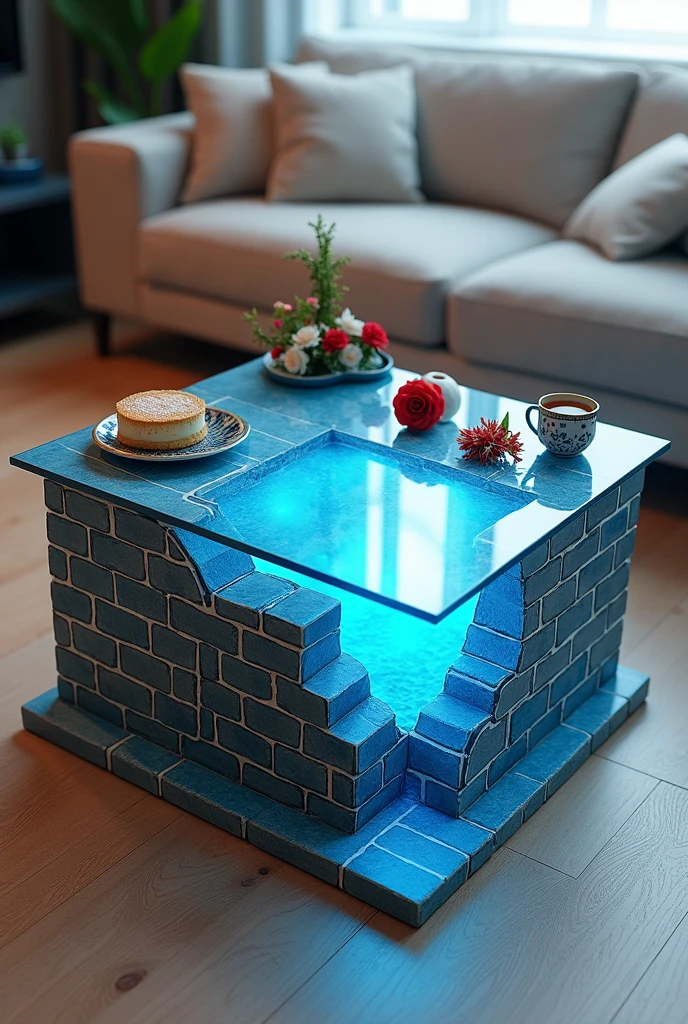 Small square coffee table handcrafted, featuring a two-way mirrored glass top that reflects a stunning visual effect inside that resembles a deep tunnel of endless well, lit from the inside by deep blue LED lighting. The sides are covered with brick wallpaper that simulates the look of 3D textured wallpaper.. The table is decorated with simple decorations such as small flowers, a cake and accessories containing a red rose and a cup of tea. . The table is placed on a light-colored wooden floor.. The table design combines simplicity and elegance with a touch of modernity, making it a distinctive piece of art in any room or living room.