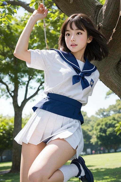 Beautiful woman、High school girls、Sailor suit、(((Jumping from a tree)))、Photorealistic