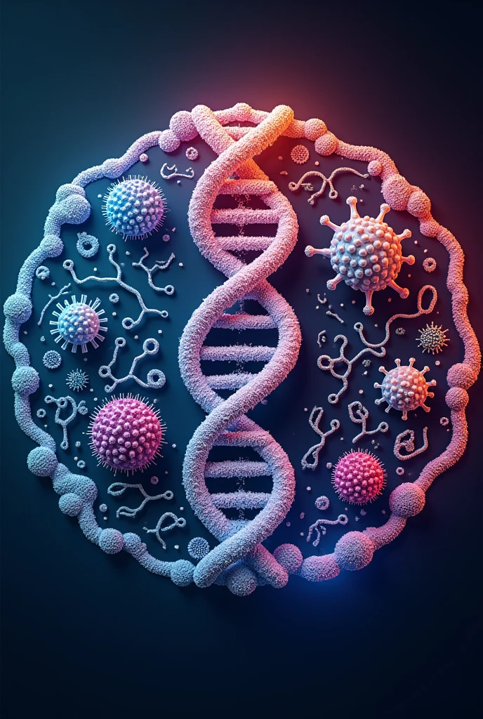 A type of logo or circular image that represents the career of biochemistry and biotechnology. It may be a DNA, with some protein, and bacteria or microorganisms together in the image, that everything is related as if for a propaganda photo. That it has molecular things like a virus too. bright colors. There are also bacteria in the image, with shapes like cocci or bacillus.