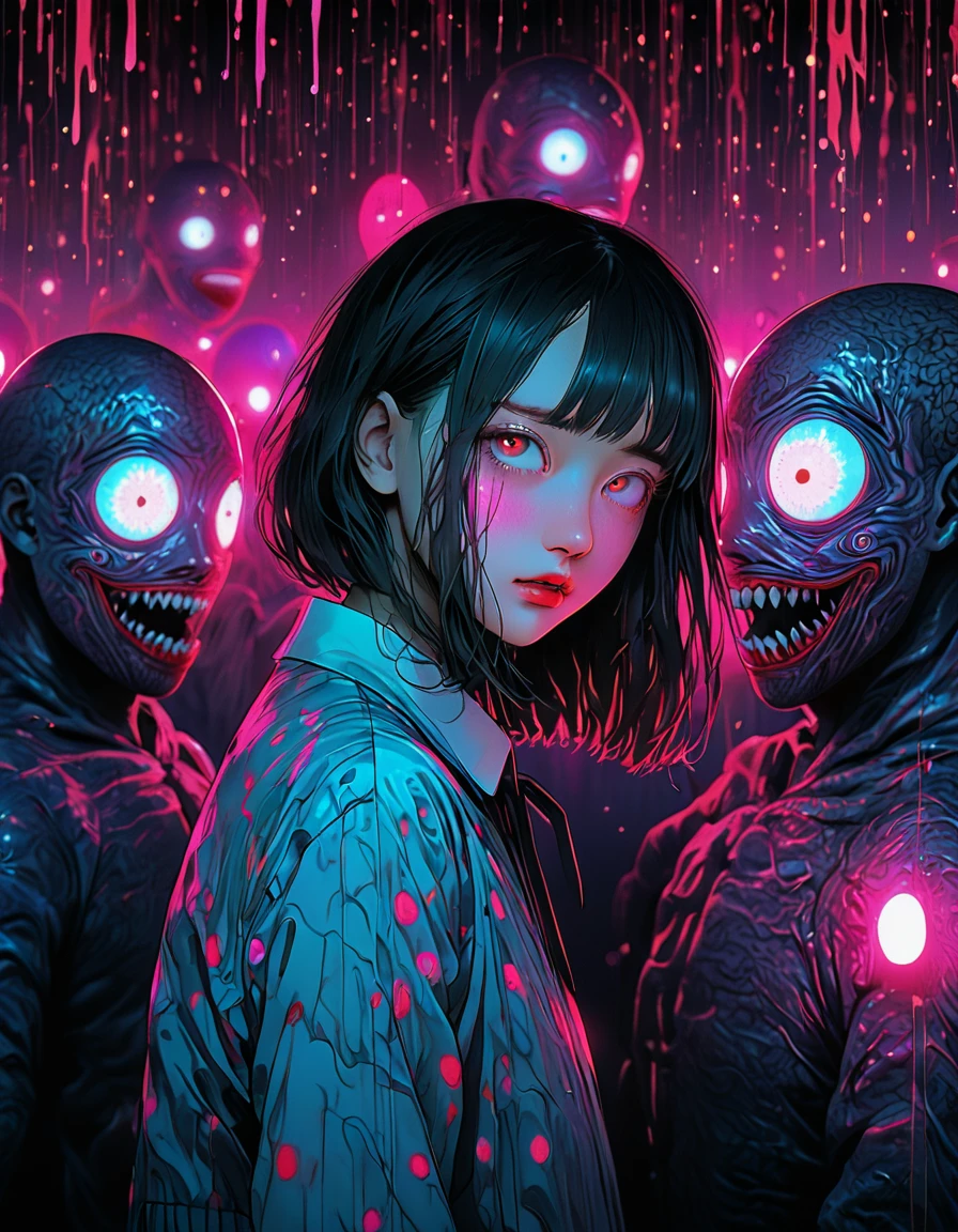 surreal horror, anime style, directed by Junji Ito, high contrast, vivid colors, eerie atmosphere, psychological tension, intricate line work, nightmarish creatures