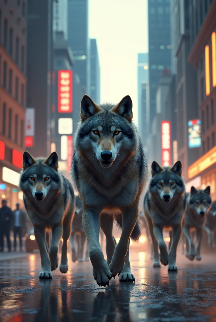 Pack in the city with alpha wolf leading