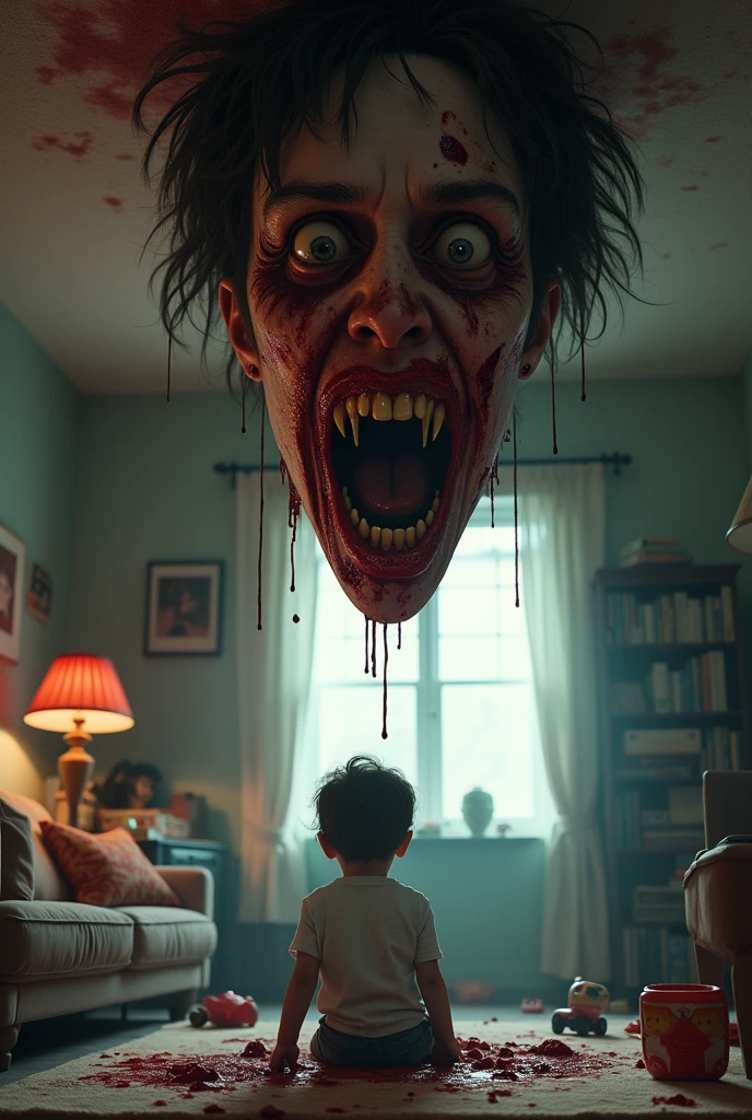 A bloody gory face coming out of a house ceiling above a child playing with his toys in the living room, nightmare 