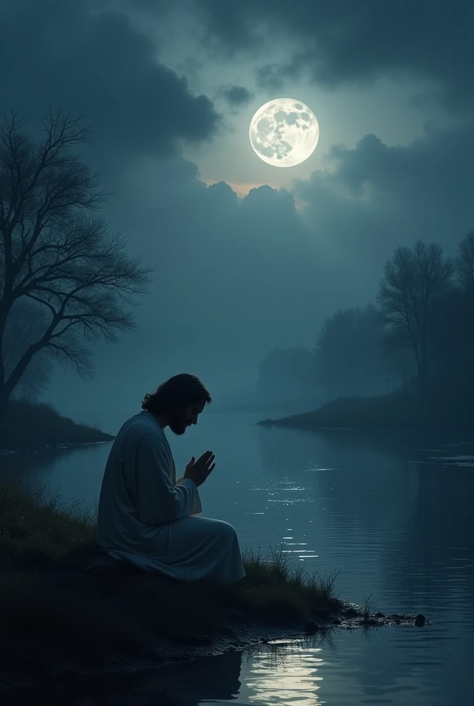 Let&#39;s imagine the scene with cinematic and evocative details:

Jesus is kneeling by a calm river, that reflects the soft light of the moon&#39;s slowly changing phases in the night sky. The moon alternates between crescent, full, waning and new, creating a play of light and shadow that dances on the calm waters and the banks covered in subtle vegetation.

The landscape is shrouded in dark, dense clouds, that occasionally obscure the moonlight, making the environment even more mysterious and contemplative. Jesus is dressed in a simple robe, and his countenance is one of profound serenity and devotion. He is in a prayer posture, with hands clasped and head bowed, as if in deep connection with the divine.

Ao fundo, the trees and bushes on the riverbanks are just shadows subtly outlined by the moonlight, and the surrounding environment is calm and silent, except for the soft sound of flowing water. The atmosphere is a mixture of peace and mystery, reflecting the spiritual journey and deep introspection that Jesus is experiencing. 

The effects of light and shadow, combined with the changes in the moon phase, help create an environment of transcendence and reflection, highlighting the importance of the moment of prayer and meditation.