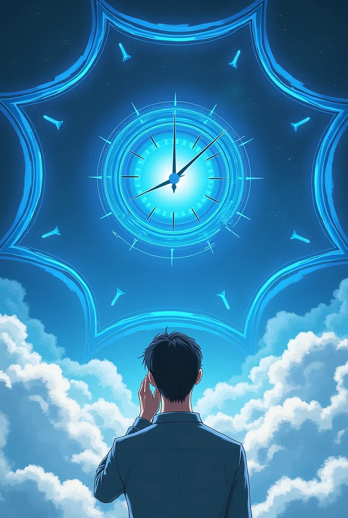Create a time-themed room art, with a clock on the middle of the wall and around the clock several circles in the shape of blue octagrams, and a man in the background with his hand facing his face with his index finger and thumb connected forming a circle, the room looks like it's above the clouds, and it looks like this is in a futuristic world