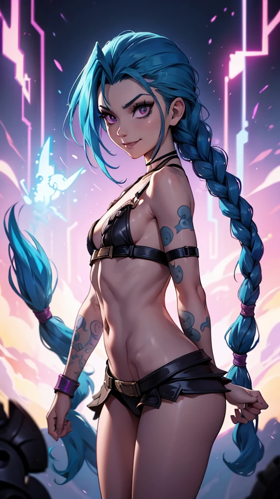 jinx, arcane, jinx personaje de League of Legends, long neon blue hair in braids, Perfect small breasts, scantily clad, underwear, Sex Woman, perfect hands, double hair braids, Braided hair, Minipistola, Juxtaposition of light& shadow, moody, intense, feroz, cinematic lighting, rake light, Long luminous shadows, high quality, smiling while holding a shark-shaped rocket launcher, anime style face, perfect body.