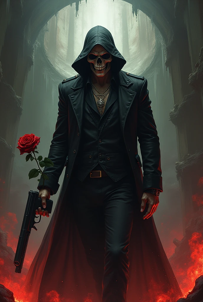 Skull with gun and rose cholo thug drug dealer elegant gentleman evil psychopath power ambition lost soul madness conquest dominion king maniac violent man diabolical darkness hell chaos destruction perdition almighty demon
