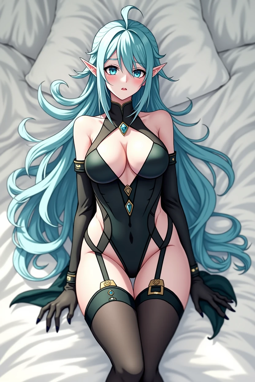 (masterpiece), best quality, expressive eyes, perfect face, cyan blue eyes, cyan blue hair, lying on a big, luxurious bed, flushed, tired, embarrassed expression
covered with quality fabric over the body, one of the breasts barely covered by the sheet, lying in bed, no clothes, Cute expression, blushing, extra long hair lying on the bed, naked, Luxurious room, luxurious bed, Elf, sexy and cute woman, Covered in sheets, sheets covering the body but with breasts on display, Pointy ears, elf ears ,Top-down shot,