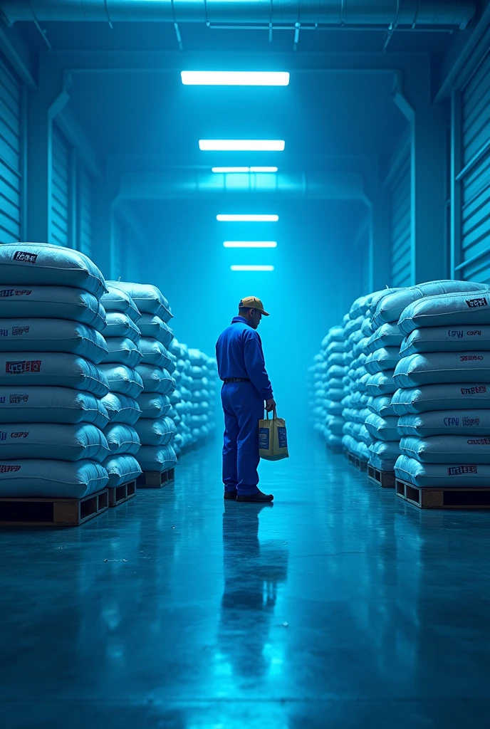 In a large warehouse with soft blue lighting, A person (gender details, age and appearance of your choice) is standing in front of several wooden pallets, on which bags of cement are stacked. Each bag is clearly labeled with the cement types: CPI, CPII, CPIII, CPIV and CPV. The environment is dominated by a blue color palette, from the walls of the warehouse to the bags of cement and the pallets themselves, creating a cold and technical atmosphere. A pessoa, wearing blue-toned workwear, holds a bag of cement, weighing up your choice between the different types available. Ao fundo, the warehouse displays more organized pallets and industrial tools, all bathed in the same blue light, giving a sense of uniformity and focus on the decision to be made.