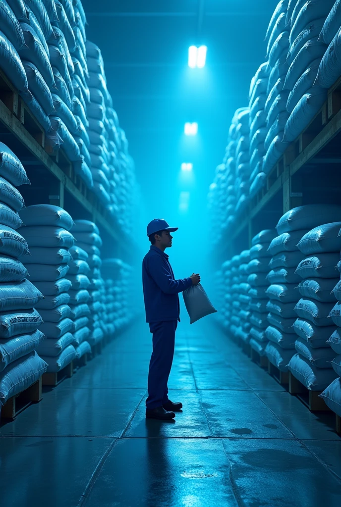 In a large warehouse with soft blue lighting, A person (gender details, age and appearance of your choice) is standing in front of several wooden pallets, on which bags of cement are stacked. Each bag is clearly labeled with the cement types: CPI, CPII, CPIII, CPIV and CPV. The environment is dominated by a blue color palette, from the walls of the warehouse to the bags of cement and the pallets themselves, creating a cold and technical atmosphere. A pessoa, wearing blue-toned workwear, holds a bag of cement, weighing up your choice between the different types available. Ao fundo, the warehouse displays more organized pallets and industrial tools, all bathed in the same blue light, giving a sense of uniformity and focus on the decision to be made.