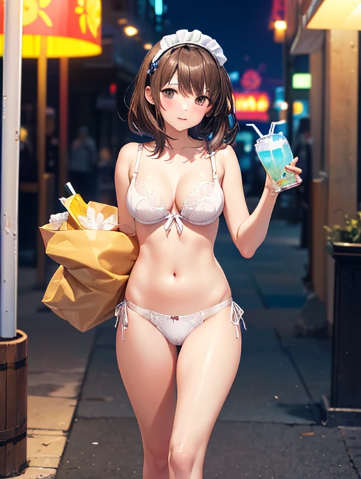 (((masterpiece, highest quality, High resolution, 超High resolution, Perfect Pixel, Depth of written boundary, 4K, RTTX 10.0))), Beautiful Anime Woman, Beautiful art style, Anime characters, ((Smooth texture, Realistic texture, Anime CG Style)), Exact finger count、Exact number of legs、(Exact number of arms:1.0, Exact number of hands:1.0), (Perfect hands, Perfect Anatomy), cinematic, Realistic, Extremely detailed CG, Daytime lighting, Perfect lighting, Best Shadow, The best natural light, whole body, Perfect body, (Slender body:1.2), ((Long Hair, bangs, Dark brown hair, Stylish hairstyle, Bobcut)), ((A cute woman is walking and carrying a drink in her hand:1.6)), ((alone:1.0)), beauty, cute, ((Sexy and cute white underwear:1.3), (Stylish shiny white satin panties, Side-tie panties:1.3), (Thin panties:1.3), (White micro lace satin bra, Thin bra:1.3), black lace trim:1.3), (Beautiful and big breasts, Cleavage:1.2), (Beautiful and thin thighs:1.3), Feeling embarrassed, (blush:1.2), (Very embarrassed look:1.4), Troubled expression, (At an outdoor amusement park, There is a Ferris wheel and people having fun behind it.々:1.3), naked, In underwear, Waitress in underwear, Maid Headband, whole body, (Underwear waitress carrying drinks:1)