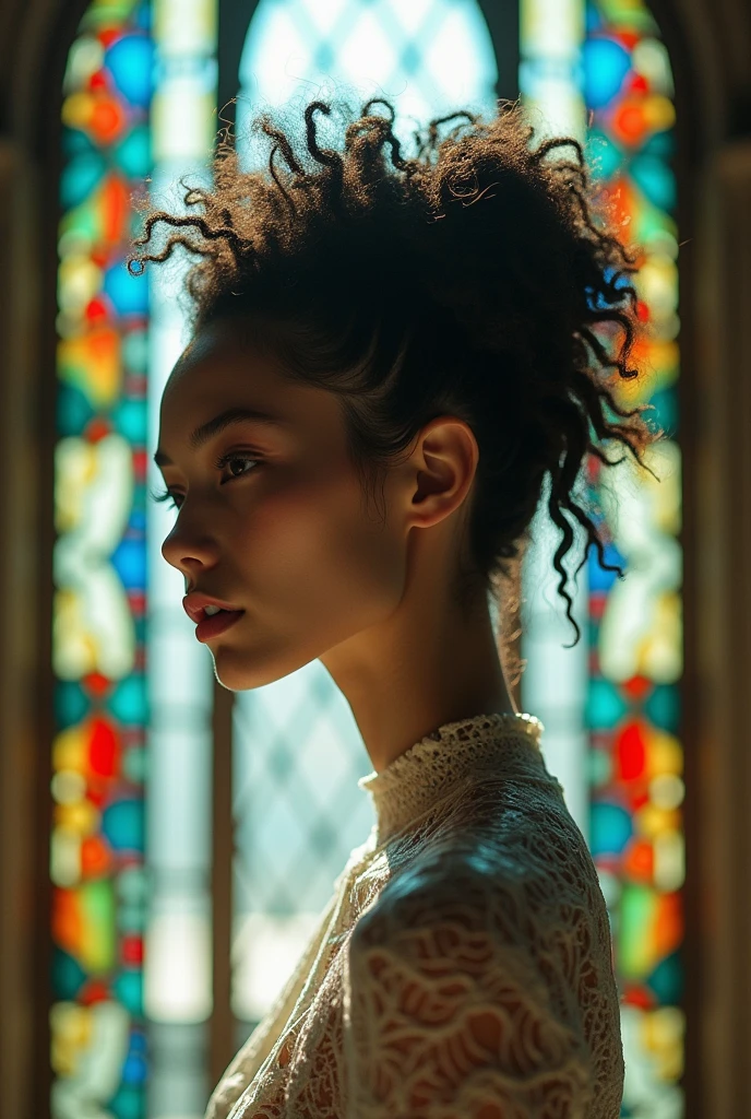 editorial photography,super detailed background,Super realistic,double exposure,depth of field,beauty super slender skinny vibes,soft focus tone,narrative scene,wabi-sabi,open lips,Afro cornrow hairstyle,multilayer structure exoskeleton female,geometric Art Nouveau,alphonseMucha style,At the cathedral stained glass,hip shot,japanese fashion model,white skin,