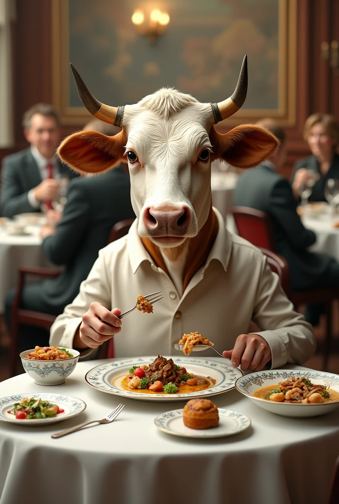 Cow eating at a restaurant table
