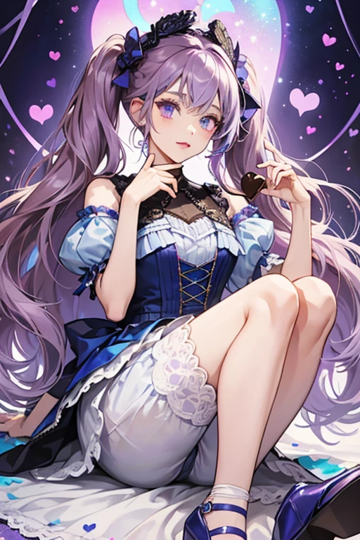 Cocolette's skin is tanned and she has on lilac eye-shadow and pale blue lipstick. Her long brown hair is entirely pulled up into a pair of pigtails, with two additional layers dyed pale blue and lilac, held by pointed light indigo hair ornaments with hearts on them. She wears a pale purple and indigo eye mask resembling these. Her outfit is composed of a pale indigo scalloped top with fabric wrapped around her neck and a melting chocolate heart at the middle. The scalloped indigo skirt has a hot pink and blue heart pattern on each petal, and an indigo lace layer peplum sewn over it that hangs longer in the back. Her tights are purple and she has pale indigo heels with pointed accents on the back of the foot matching her hair accessories. SPARKLE; GLITTER