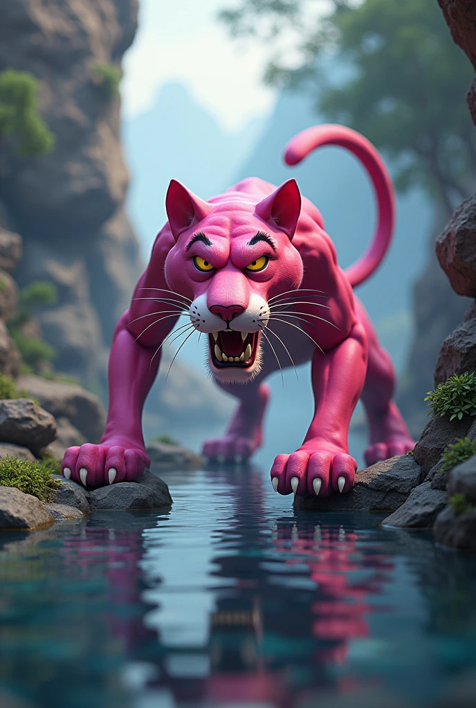 a pink panther ((aggressive), in attack position, rocks and lake around, very detailed natural environment, high quality image, Hyper realistic, cinematic look, HD en 32k--ar 3:2--in cartoon style, Draw