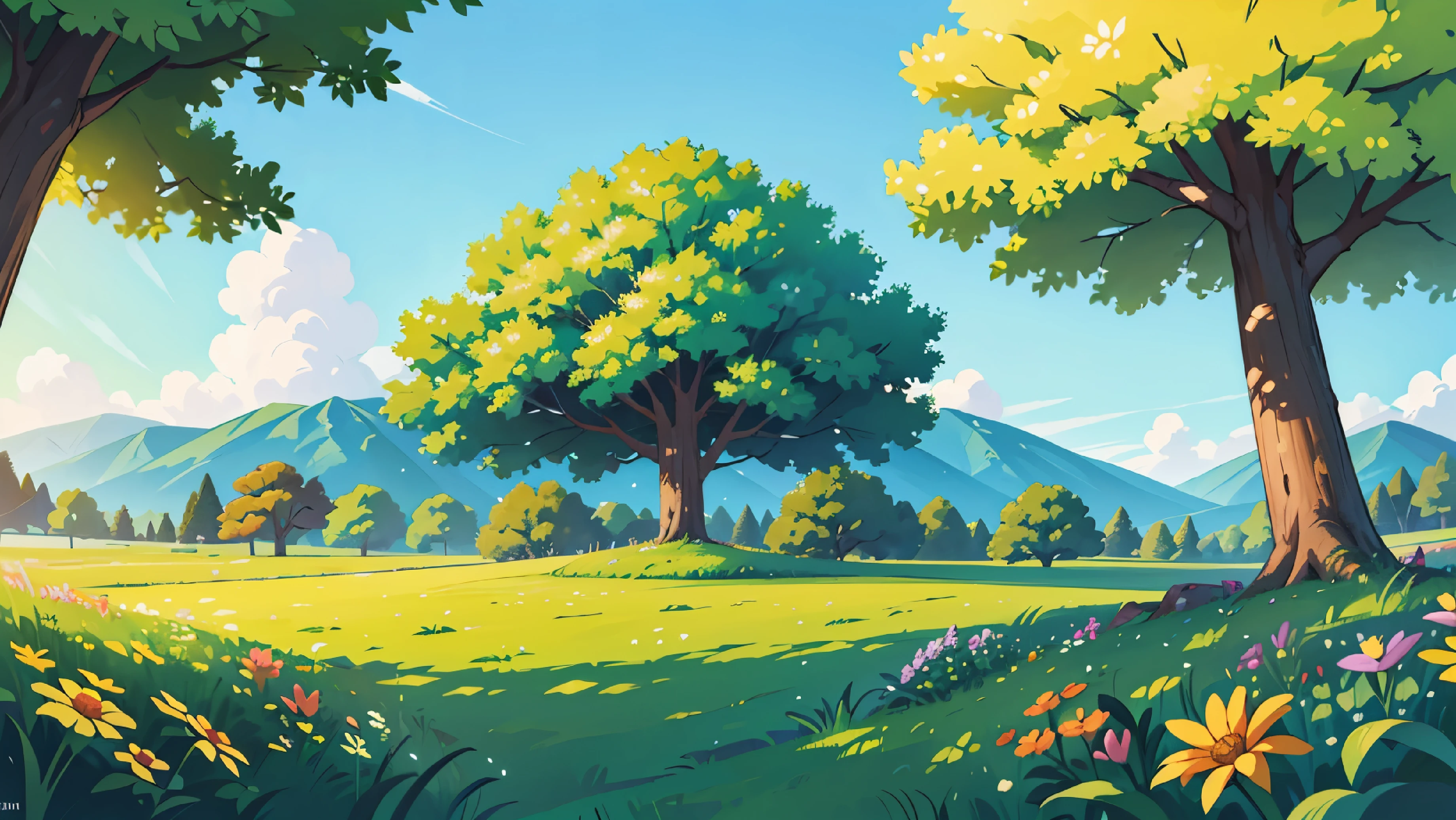A thick-trunked tree in the foreground, beautiful landscape, summer meadow, peaceful landscape, romantic landscape, meadow with flowers, bright landscape, Fantastic landscape, peaceful scene, beautiful oil painting, Sunny and desert meadow in the background