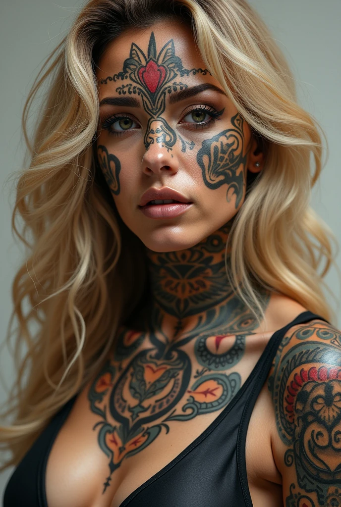 American woman with Chicano tattoos on face and body and lion Facial tattoos in text Lions are real Blonde beauty Lions are next to me 