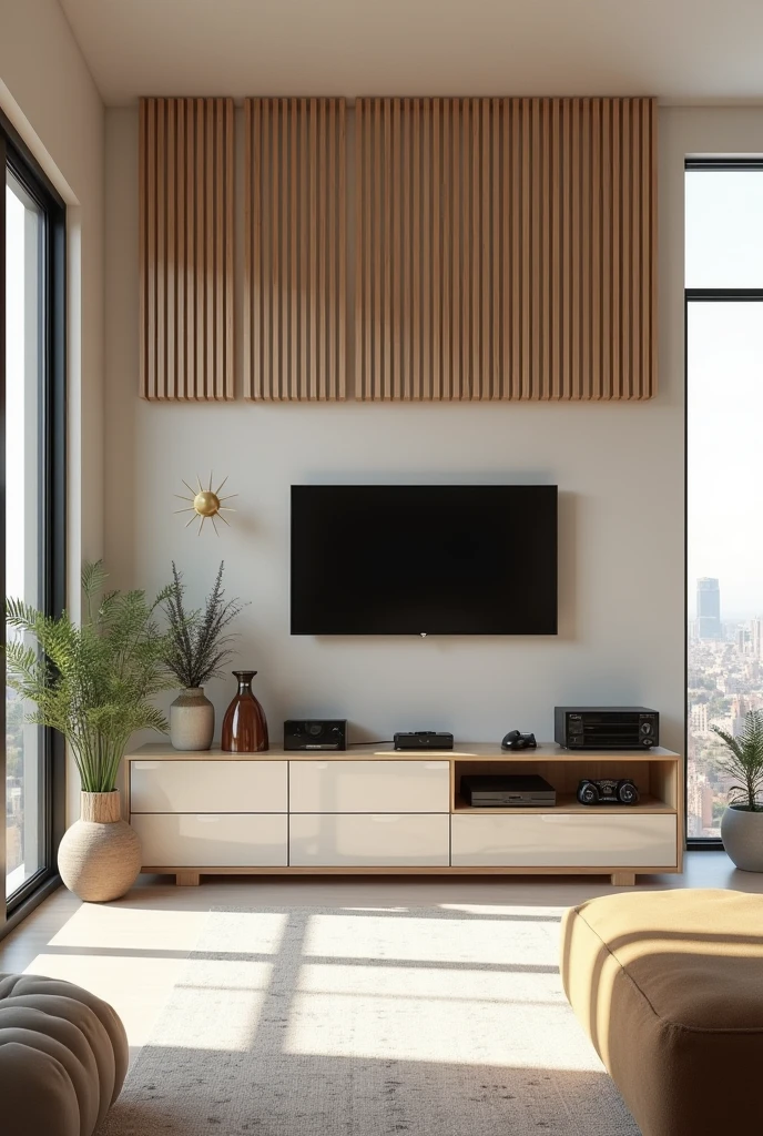 An image of a rendered and already decorated project of a room with a slatted panel and a rack with 2 drawers and a niche above the drawers with electronic devices, such as a video game and channel encoder.,the room must be decorated with upholstery, such as a 3-seater sofa, and everything must be light and elegant.