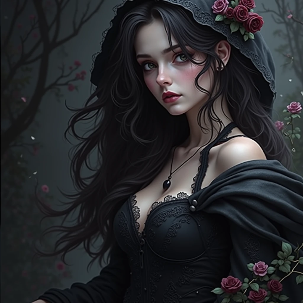 ((work of art)), ((best qualityer)), ((close up: 1.0))a woman with a hood and roses in her hair, estilo de dark fantasy art, in the style of dark fantasy art, gothic fantasy art, dark fantasy art, dark fantasy art, gothic maiden, she is the queen of black roses, dark fantasy mixed with realism, dark fantasy style, gothic maiden of the dark, gothic art, Dark digital art, mas detalhado, dark fantasy artwork