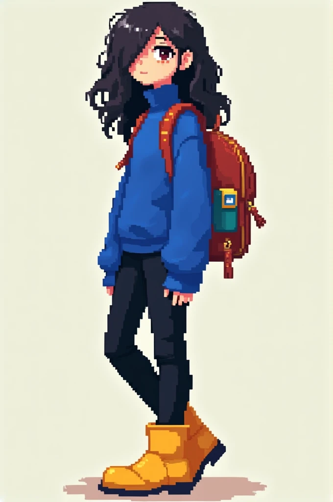 Create a 13 year old girl with wavy hair covering her left eye, wear a royal blue thin turtleneck sweater, Black pants, yellow boots and has a creative fabric backpack on his back with a pixelated style.