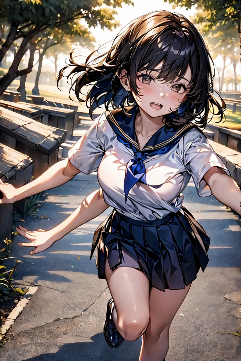 Browsing Caution,​(Highest quality, 8k, masterpiece:1.3,beautiful girl), (Very detailed)Glowing Skin,(((Woman 1))),((Short sleeve, cute navy sailor suit, Navy Pleated Skirt, Navy sailor collar, Blue Sailor Scarf, socks, Brown Loafers)), running、Mr..... Turning,(Perfect Anatomy, Anatomically correct, Very detailed肌),((Golden Eyes)),((Perfect Fingers,Five Fingers)),((Black Hair,Bobcut,)),Natural Makeup,Smile in full bloom、Rear View、cheeks turn a little red,Seaside、Hair blowing in the wind、While stroking my hair,Smiling with teeth showing