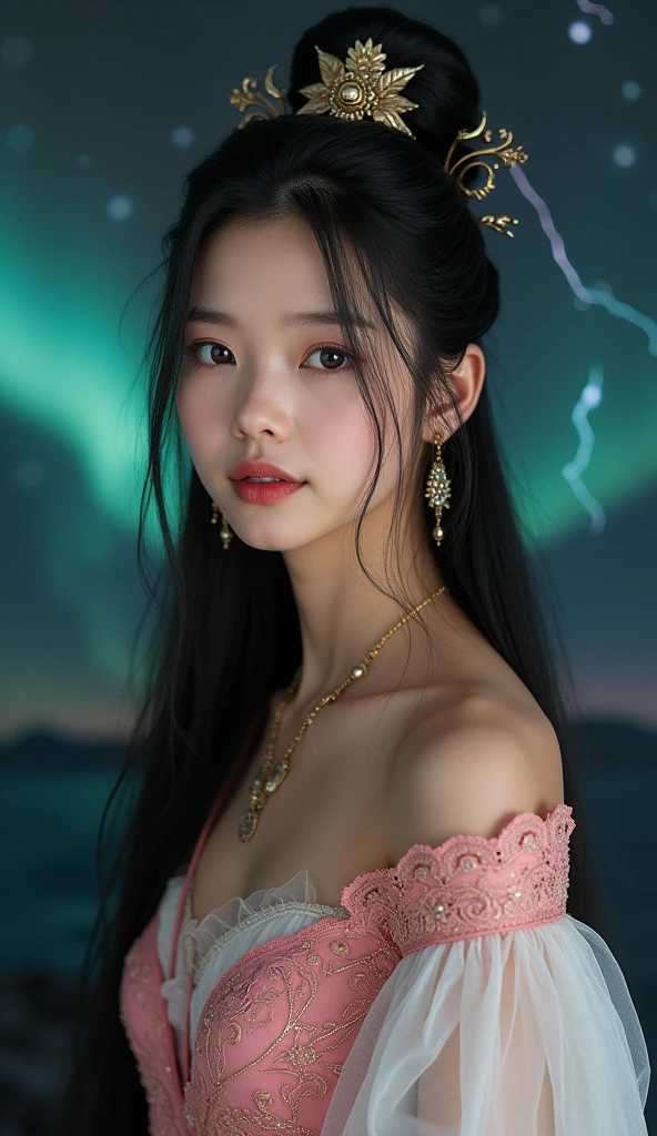 1 beautiful girl wearing ancient costumes, ((pink and light white outfit: 0.8)), Long and silky black hair, hair jewelry and necklaces, Beautiful little face Thin eyebrows, the most beautiful and spotless face, the very beautiful eyes, big round black eyes, fine and detailed makeup eyelashes, High nose, wearing earrings,Small red lips, rosy face, Enlarged and round breasts, tight breasts, breast augmentation, Slim and body, slim waist, portrait of a beautiful girl, 8k photo, super high quality, super realistic, 10x super pixels, photo realistic, dark studio, border light, two tone light, (detailed skin) high: 1.2), 8k uhd, dslr, soft light, high quality, volumetric light, candid, Photo, high resolution, 4k quality, 8k, Bokeh, Smooth and sharp, pixel up 10 times, (background space: 1.8), (galaxy: 1.7), aurora, lightning, (Aurora Background: 1.8), upper body, alone, solo,