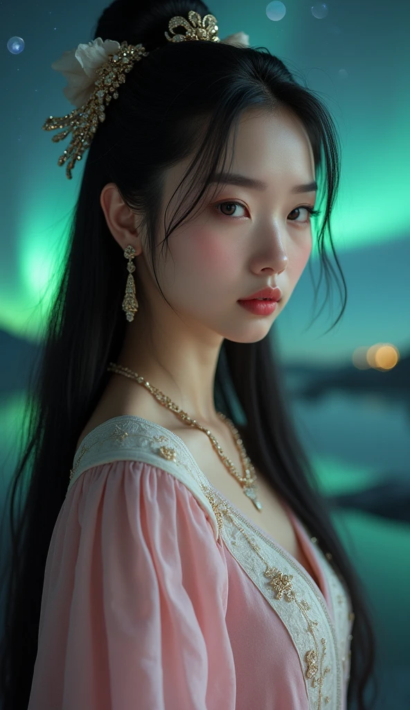1 beautiful girl wearing ancient costumes, ((pink and light white outfit: 0.8)), Long and silky black hair, hair jewelry and necklaces, Beautiful little face Thin eyebrows, the most beautiful and spotless face, the very beautiful eyes, big round black eyes, fine and detailed makeup eyelashes, High nose, wearing earrings,Small red lips, rosy face, Enlarged and round breasts, tight breasts, breast augmentation, Slim and  body, slim waist, portrait of a beautiful girl, 8k photo, super high quality, super realistic, 10x super pixels, photo realistic, dark studio, border light, two tone light, (detailed skin) high: 1.2), 8k uhd, dslr, soft light, high quality, volumetric light, candid, Photo, high resolution, 4k quality, 8k, Bokeh, Smooth and sharp, pixel up 10 times, (background space: 1.8), (galaxy: 1.7), aurora, lightning, (Aurora Background: 1.8), upper body, alone, solo,