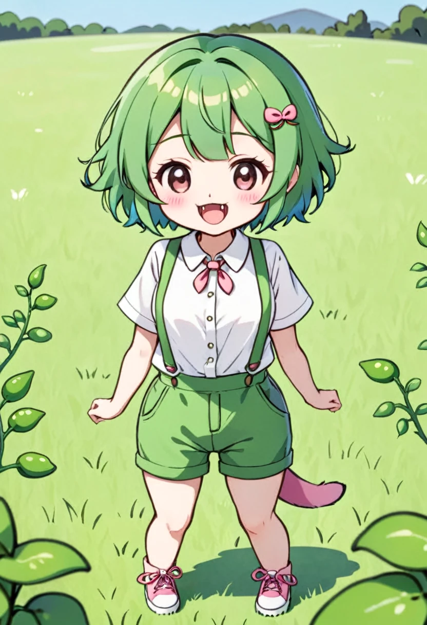 ((((tkw)))), (zndmn), solo, Full body shot, (chibi), green hair, short hair, green clothing, smile, outdoors, field, A hair tail secured with a pink hair tie, open mouth, long fang, White short-sleeved blouse, green suspenders attached to green short half pants, A very short pink ribbon tie adorned with a single edamame, Edamame-shaped ear accessory, (Two heads tall)