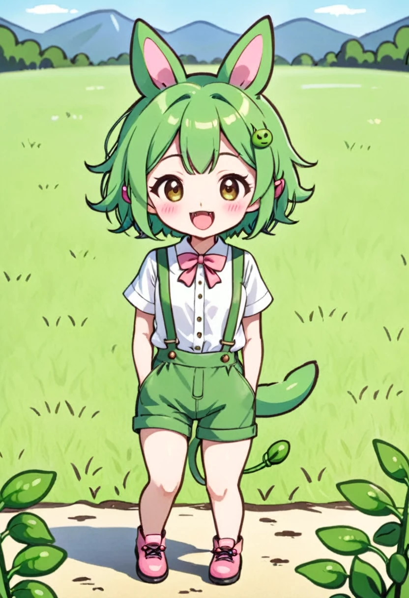 ((((tkw)))), (zndmn), solo, Full body shot, (chibi), green hair, short hair, green clothing, smile, outdoors, field, A hair tail secured with a pink hair tie, open mouth, long fang, White short-sleeved blouse, green suspenders attached to green short half pants, A very short pink ribbon tie adorned with a single edamame, Edamame-shaped ear accessory, (Two heads tall)