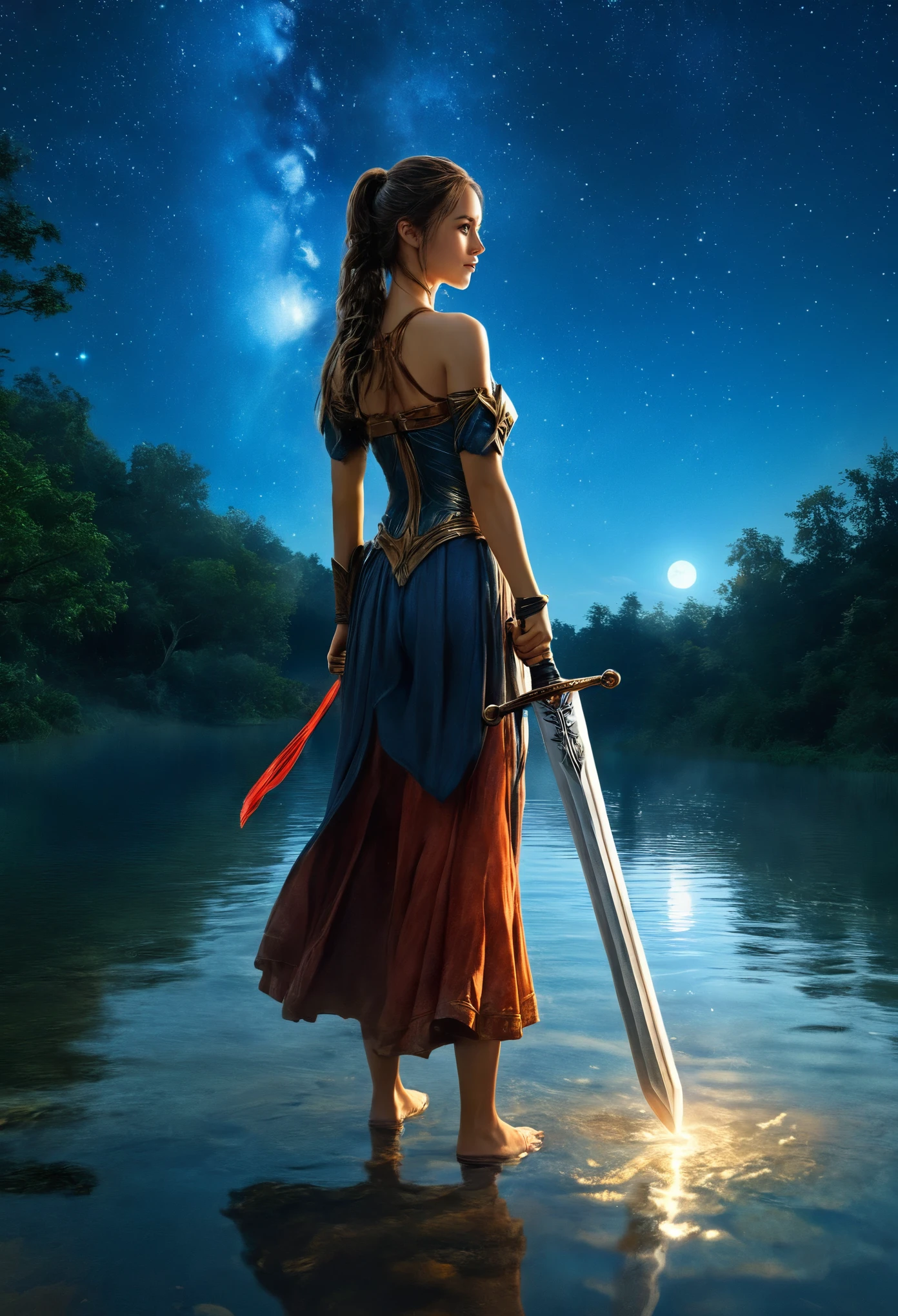 A girl with a large sword, beautiful costume, ponytail, outdoors at night under a starry sky, a masterpiece, hands clasped behind her back, best quality, full body shot of a single female, mouth closed, lake with reflections, outdoor, official wallpaper