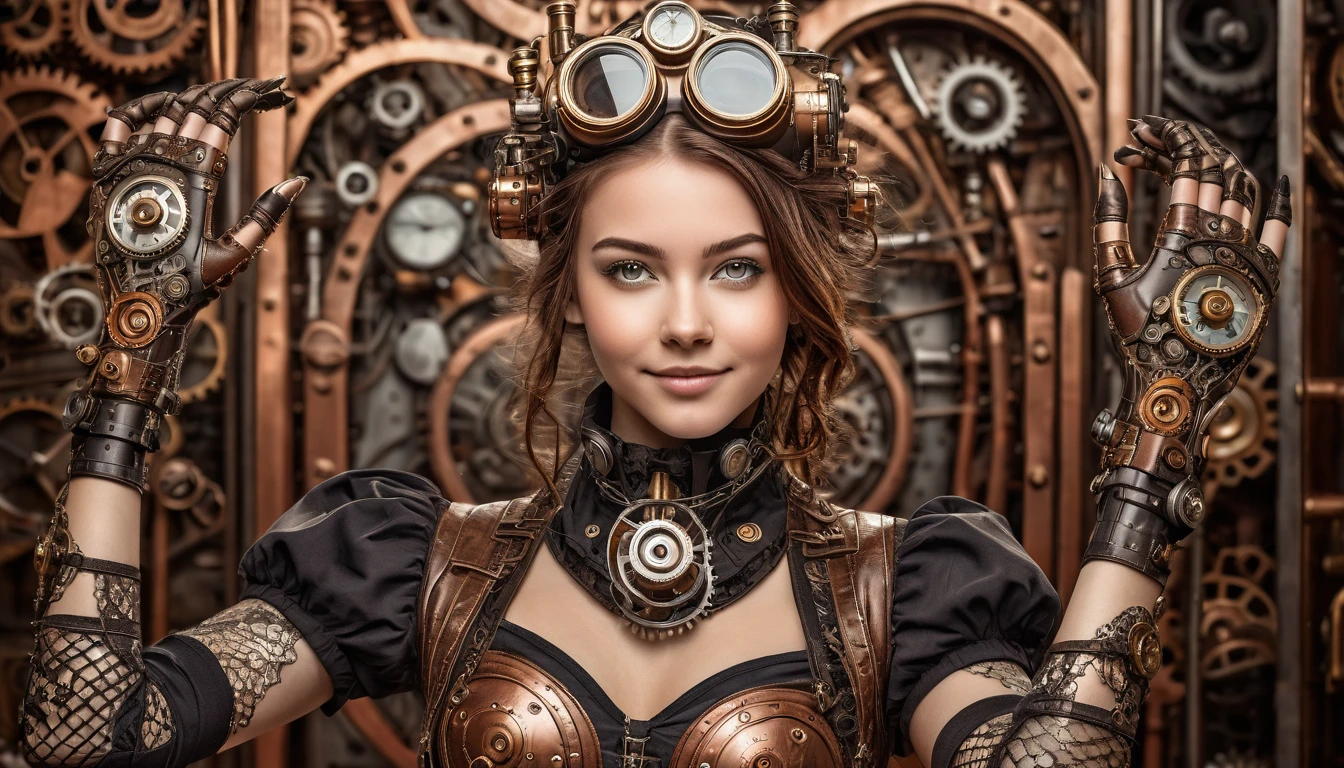 Smiling 1girl with bionic arms in steampunk fashion, captured in ultra high resolution with photorealistic and beautiful lighting. This masterpiece is of the best quality and is set against a zentangle abstract background (weighted at 1.4).
