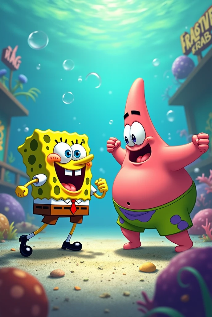 Spongebob fighting Patrick Star