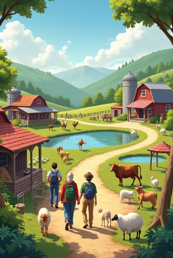 A tourist company with several adults visiting a small farm with animals and lakes 