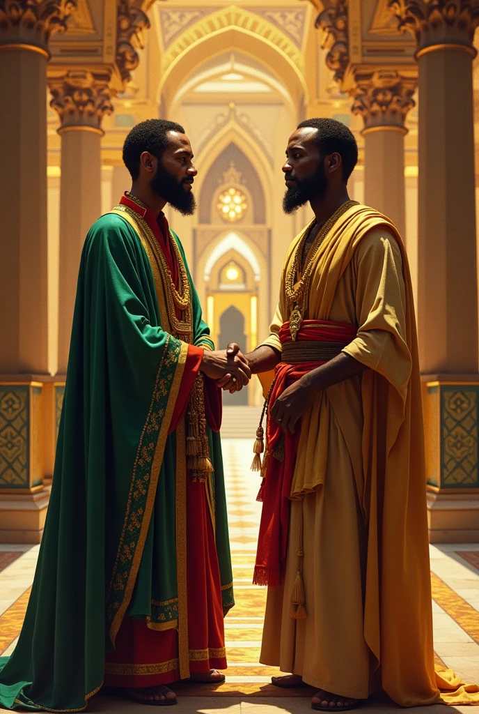 a 30 year old Ethiopian emperor from the year 1920 being very kind to a brave 60 year old beardless Ethiopian warrior with short hair