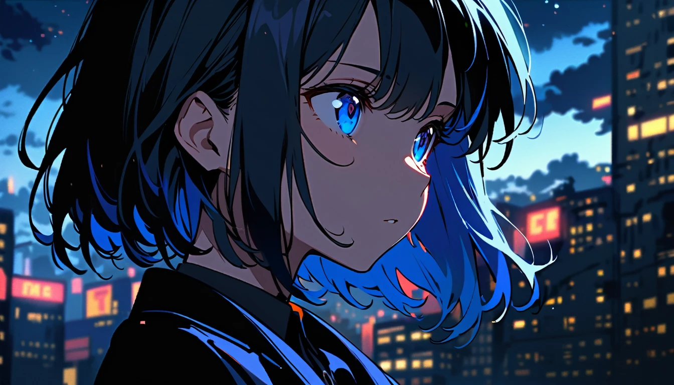 Handsome cute, Solitary, 1 female, Medium Length Hair, black hair, Rainbow hair, blue Eyes, in the night, looking away, Human focus, outdoor, White clouds, background Neon Tokyo,

