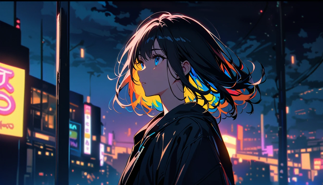 Handsome cute, Solitary, 1 female, Medium Length Hair, black hair, Rainbow hair, blue Eyes, in the night, looking away, Human focus, outdoor, White clouds, background Neon Tokyo,