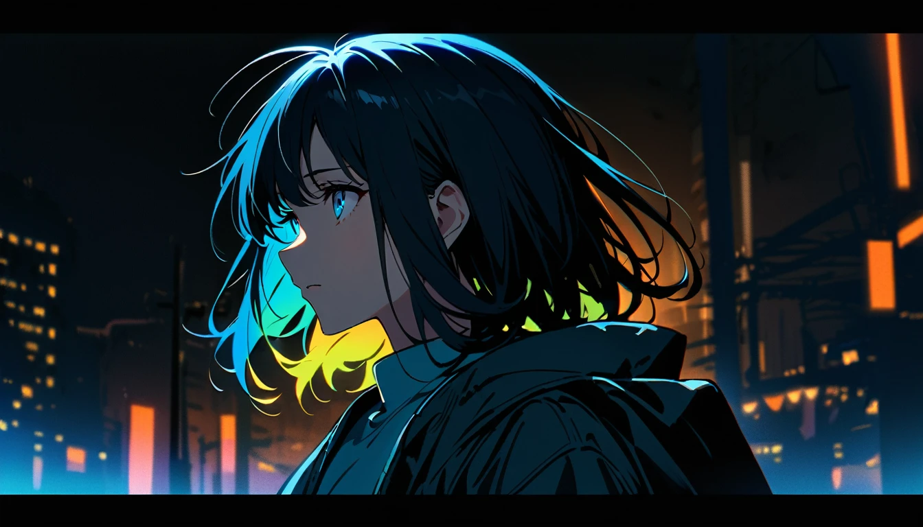 Handsome cute, Solitary, 1 female, Medium Length Hair, black hair, Rainbow hair, blue Eyes, in the night, looking away, Human focus, outdoor, White clouds, background Neon Tokyo,
