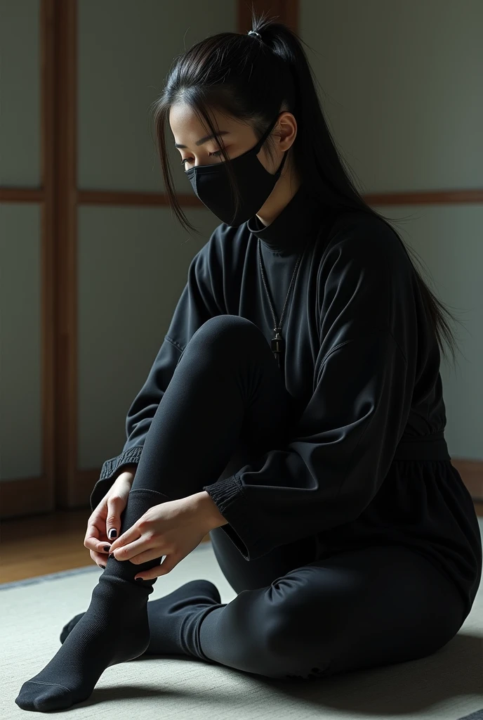 Japanese woman putting on socks Ninja