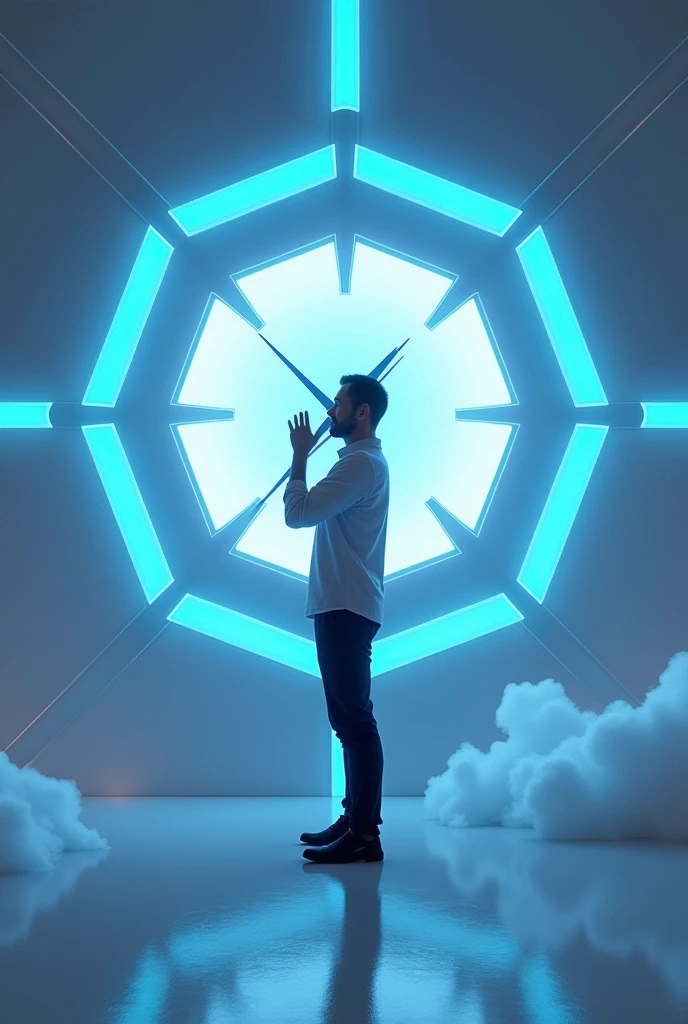 Create a time-themed room art, with a clock on the middle of the wall and around the clock several circles in the shape of blue octagrams, and a man in the background with his hand facing his face with his index finger and thumb connected forming a circle, the room looks like it&#39;s above the clouds, and it looks like this is in a futuristic world 