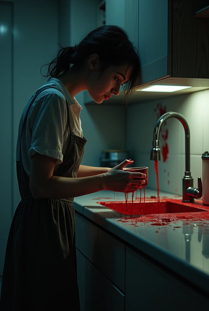 A woman cooking in the kitchen with blood coming out of the water faucet, nightmare