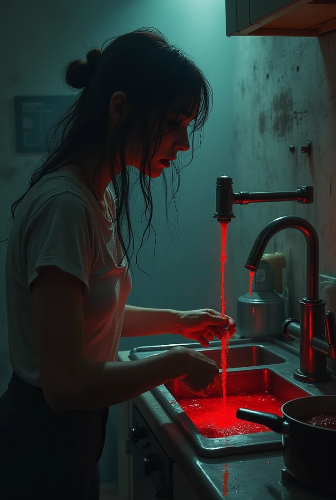 A woman cooking in the kitchen with blood coming out of the water faucet, nightmare
