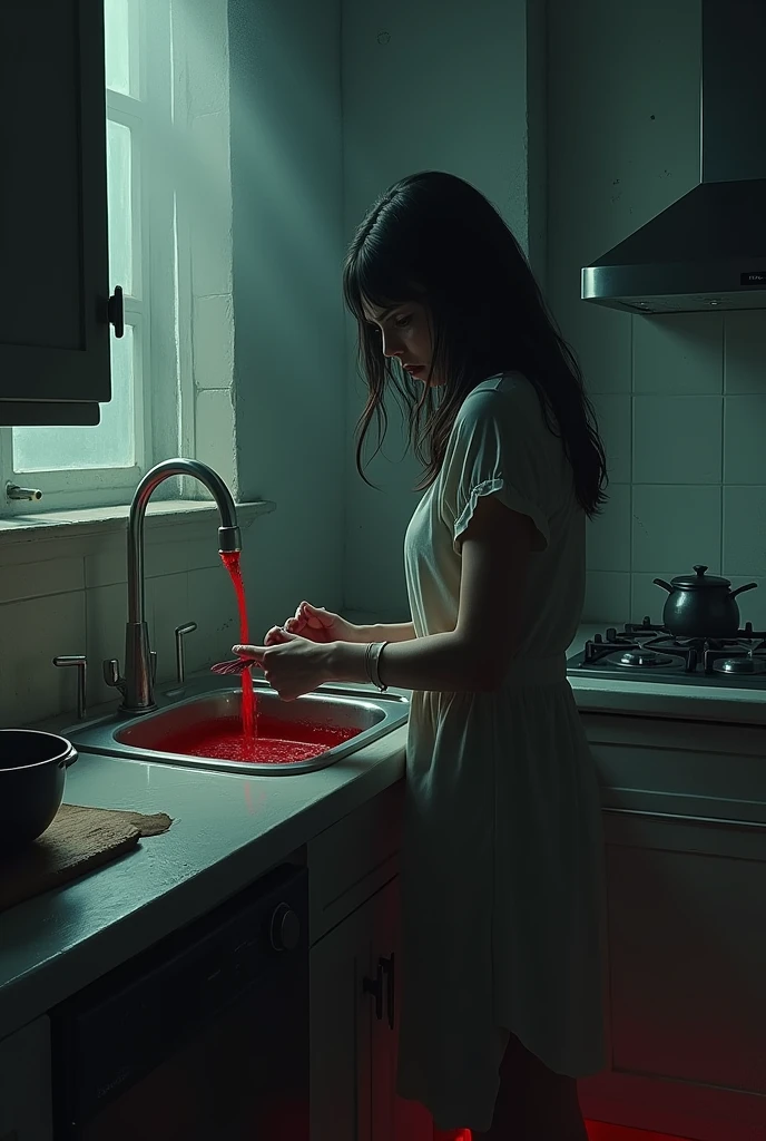 A woman cooking in the kitchen with blood coming out of the water faucet, nightmare 