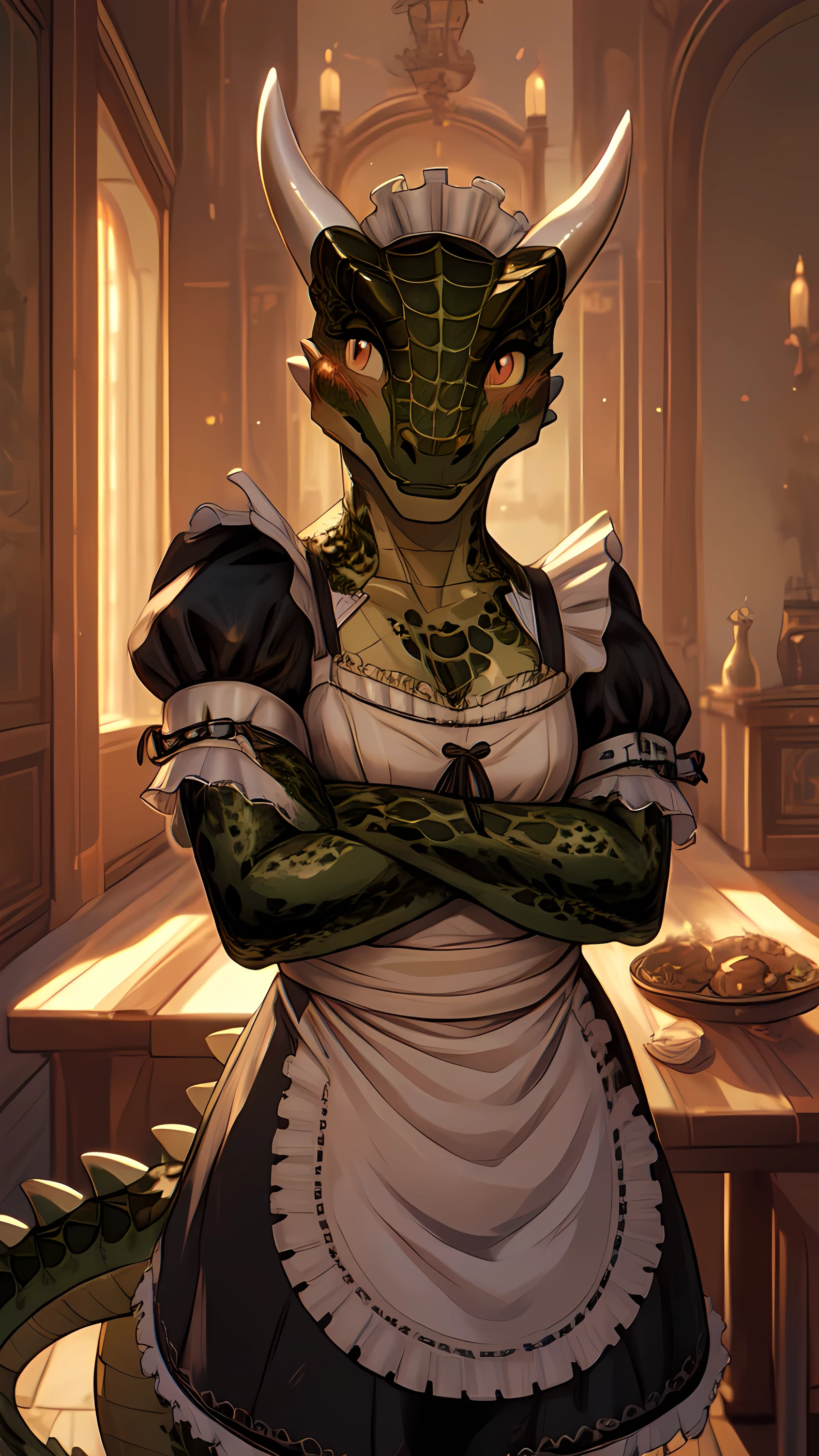 anime, hdr, soft light, ((best quality)), ((masterpiece)), (detailed), lustyargonian, maid, colored skin, green skin, tail, horns, (scales:1.2), (snout, animal nose:1.1), blush, embarrassed, (looking at viewer:1.1), cowboy shot,  (sexy pose:1.5), mansion,(naked:1.2), (nsfw:0.35)