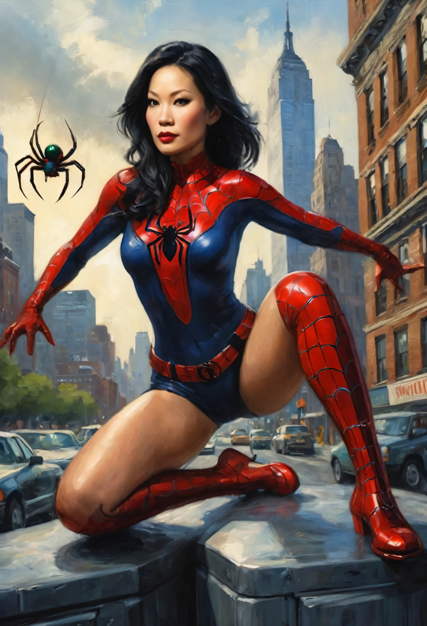 a beautiful woman with piercing eyes, detailed face and lips, wearing a sexy, tight-fitting spider-themed outfit, striking a heroic pose as she swings in on webbing to face off against doctor octopus, who is played by lucy liu, dramatic cityscape of manhattan in the background, (best quality, 4k, 8k, highres, masterpiece:1.2), ultra-detailed, (realistic, photorealistic, photo-realistic:1.37), vibrant colors, dynamic lighting, cinematic composition, comic book inspired art style
