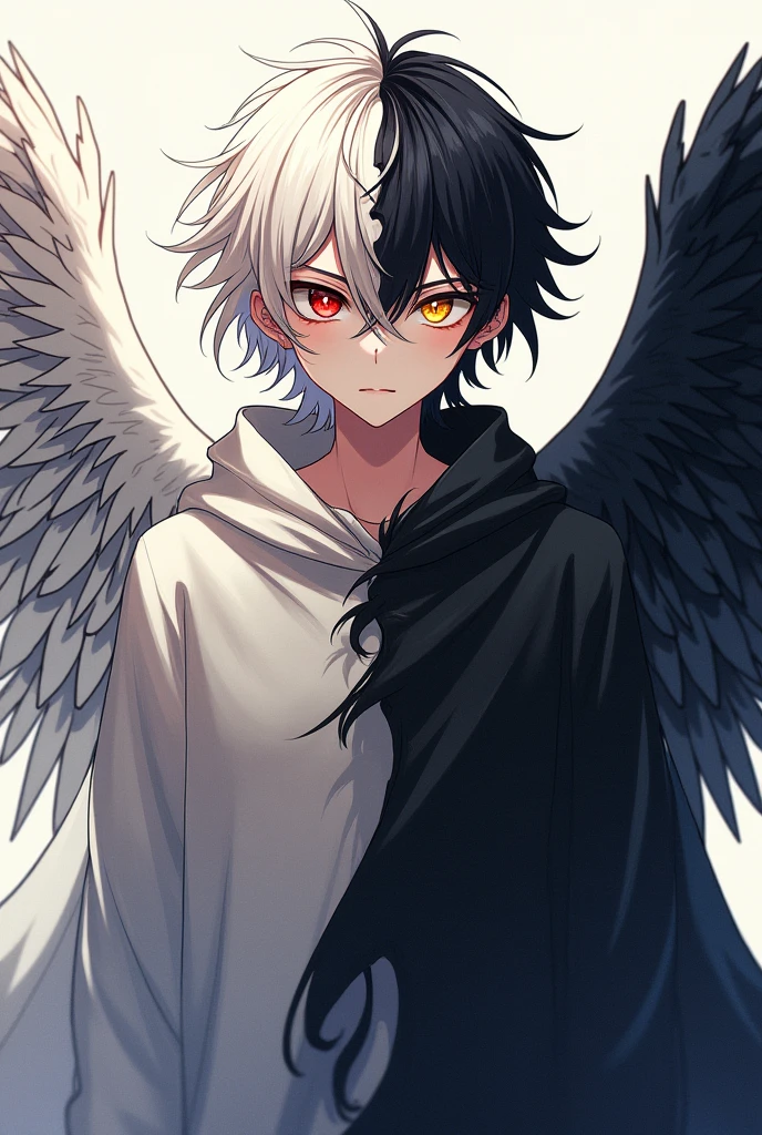 A man with multi colored hair the left side of his hair is white creamy hair and on the right is black hair. he has a blood red eye on the right and a yellow eye on the left, he has a white creamy feathered wing on the left and a black feathered wing on the right (only one man) wearing a cloak , masterpiece, best quality, anime artwork, anime style, key visual, vibrant, studio anime, highly detailed