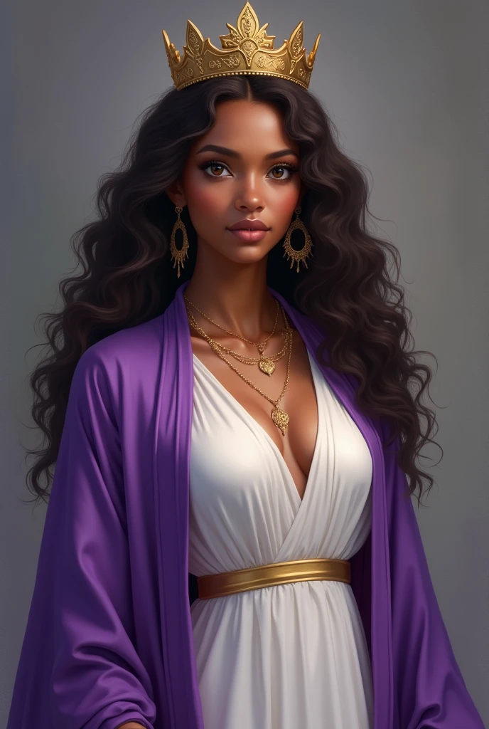 22 year old girl, Dark brown hair, brown eyes and dark skin, dressed in white dress, purple robe and crown of state