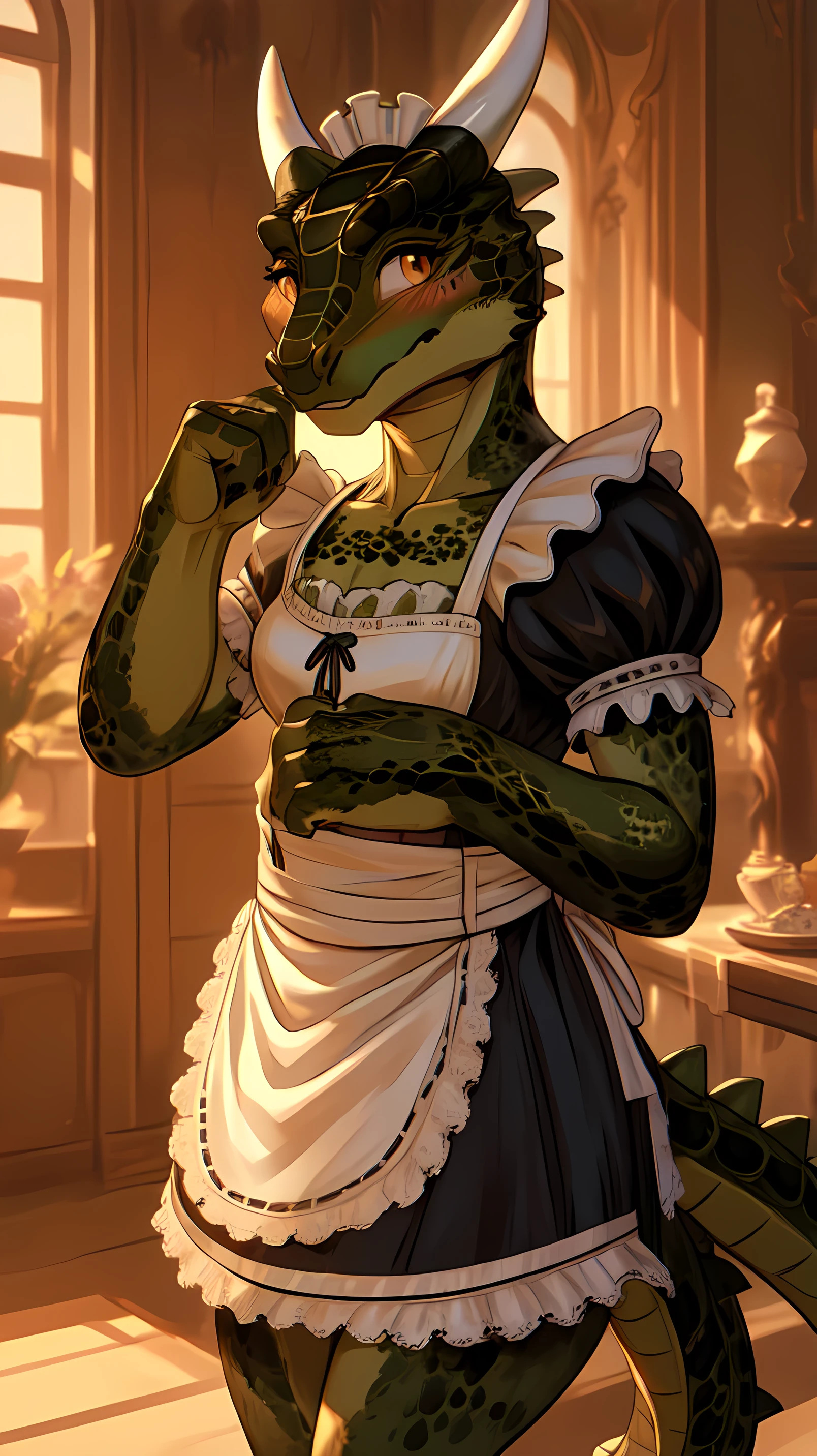 anime, hdr, soft light, ((best quality)), ((masterpiece)), (detailed), lustyargonian, maid, colored skin, green skin, tail, horns, (scales:1.2), (snout, animal nose:1.1), blush, embarrassed, (looking at viewer:1.1), cowboy shot,  (sexy pose:1.5), mansion,(naked:1.2), (nsfw:0.35)