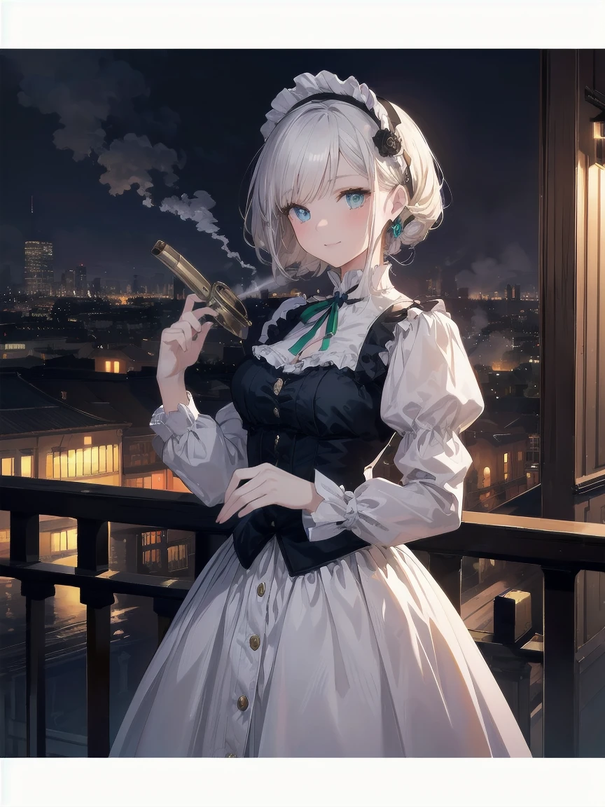 (Highest quality、16K、masterpiece、Ultra-high resolution、Victorian era、Photorealistic:1.2)、A delicate Lolita girl, , stands on a castle balcony at dusk, surrounded by the city's skyline and steampunk contraptions. Her platinum hair is messy, framing her androgynous charm. She wears a flowing white dress with a light green tie and holds a pocket watch in hand. A subtle smile plays on her lips as she gazes out at the night view, her eyes shining like sapphires. The air is filled with steam spewing from pipes, adding to the surreal atmosphere. Her skin glows with an ultra-dense texture, and her fingers are full and detailed.
